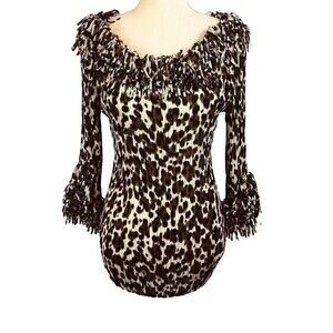 Agora Women's Crinkle‎ Stretch Top with Confetti Fringe Size S 3/4 Sleeve